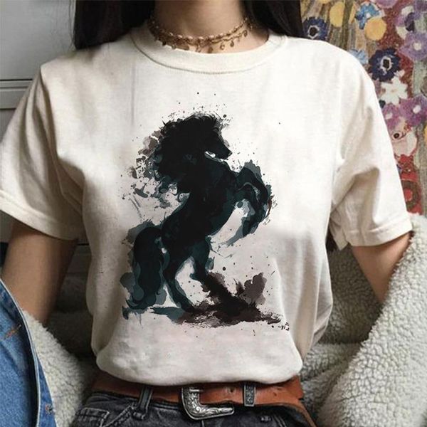 

women's clothing 2021 harajuku summer style short sleeve o neck t shirt female horse print pattern casual funny t-shirt women, White