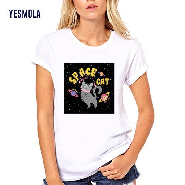 

women's t-shirt yesmola women space cat t shirt cartoon o-neck summer casual cotton short sleeve female slim fit tshirt, White