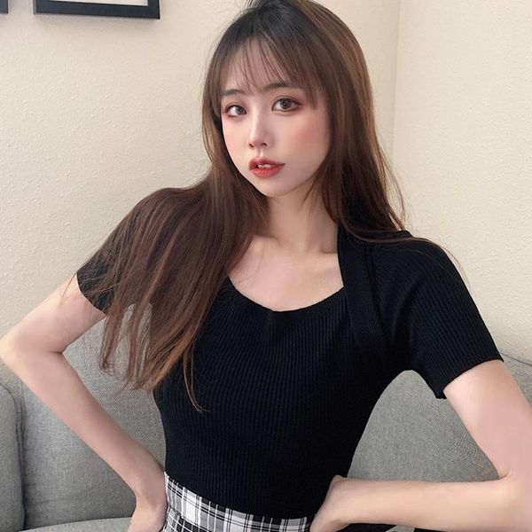 

women's t-shirt women's short sleeve bottoming square neck ice silk slim casual thin bottom knitting solid white