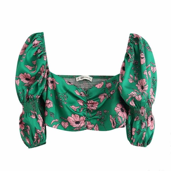 

vintage chic floral print elastic chest short blouses women fashion square collar smocks elegant ladies, White