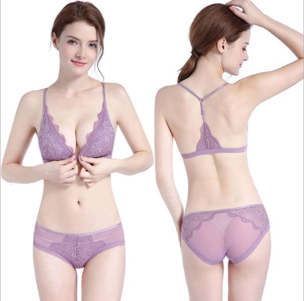 

lace rimless triangle cup thin bra front button y-shaped back suit, Red;black