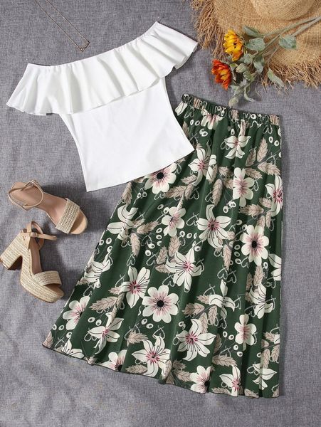 

ruffle hem tee & floral skirt set p9hr#, White