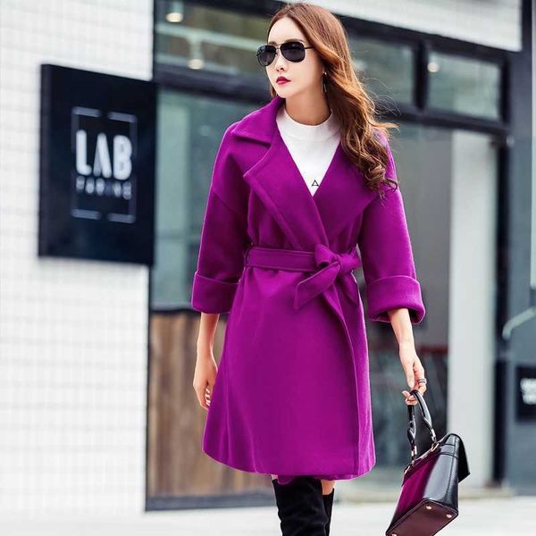 

autumn winter fashion solid color long jacket coat women notched sleeve thick sashes woolen outerwear 210529, Tan;black