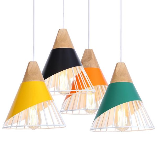 

pendant lamps wood nordic led lights colorful iron cage loft decor hanging lamp for living room decoration e27 bulb lampara colgante
