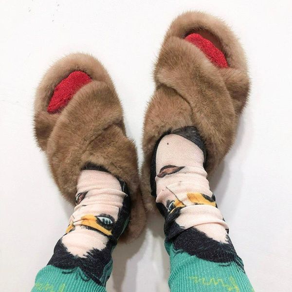 

yoloagain fluffy cross band slippers women real slides, Black