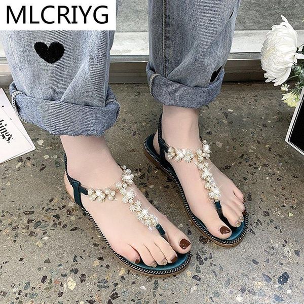 

sandals 2021 fashion women shoes summer flat flip-flop comfortable rhinestone beach women's casual, Black