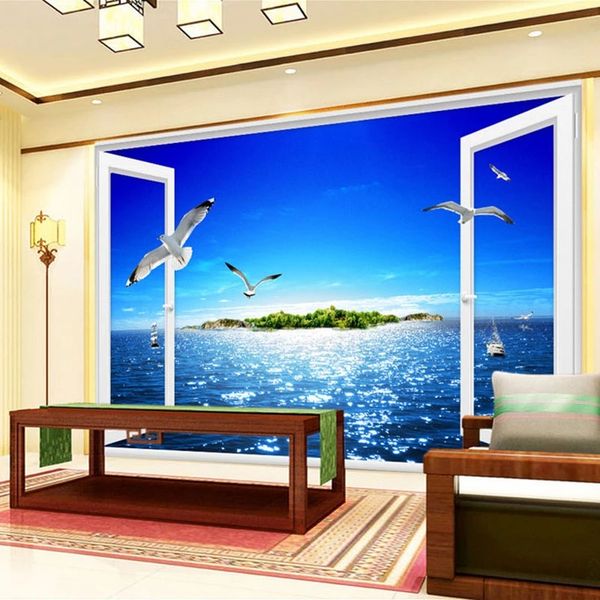 

custom mural 3d window sea view wall painting beach island seagulls living room wallpaper waterproof