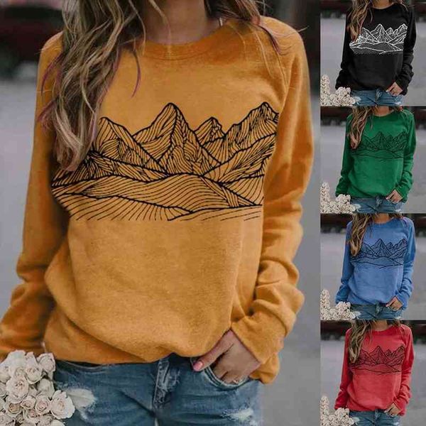

fashion sweatshirt women vintage crew neck long sleeve graphic mountain printed blouse sweatshirt womens clothing xxxl, Black