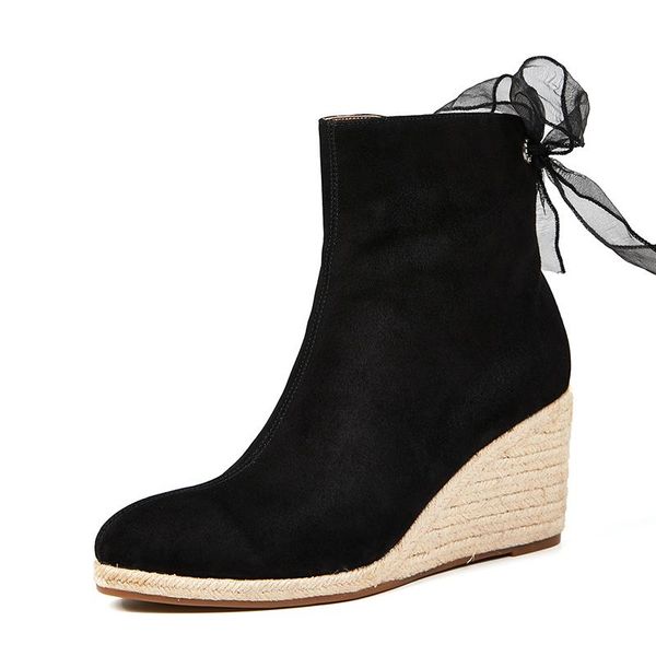 

boots women ankle wedges high heels ladies shoes with side zipper mesh butterfly knot party wedding office platform, Black