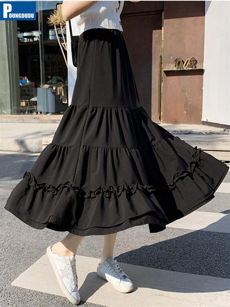 

skirts poungdudu 2021 spring women for girls long skirt cupcake kawaii sweetown elastic waist student female elegant high, Black