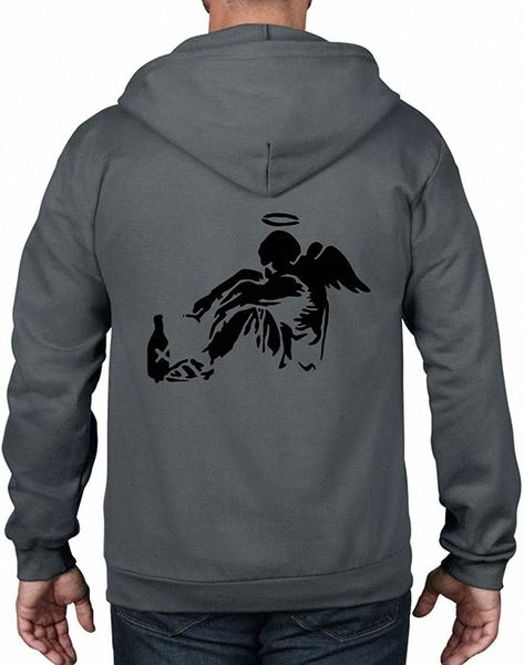 

tribal t-shirts men's banksy fallen angel full zip hoodie t1fy#, Black