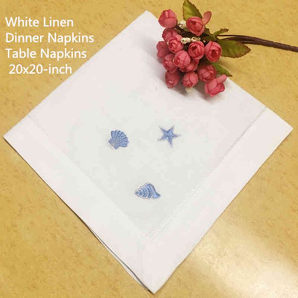 Set mit 12 Taschentüchern, Tischservietten/Tischsets, weiße Tischservietten aus Leinen mit Hohlsaum, bestickt mit blauem Neptun/Muschel/Muschel