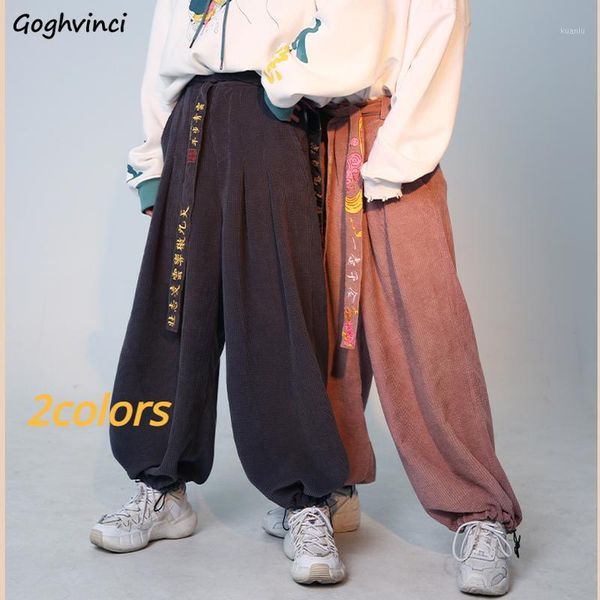 

casual pants women embroidery sashes chinese style corduroy trousers womens retro ins fall banded chin bottoms female streetwear women', Black;white