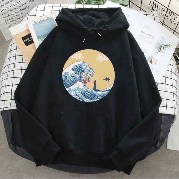 O Grande Onda Hoodies dos desenhos animados Homem Mulheres Casual Loose Sweatshirts Manga Longa Bolsos Harajuku Streetwear Moda Hoody H0909