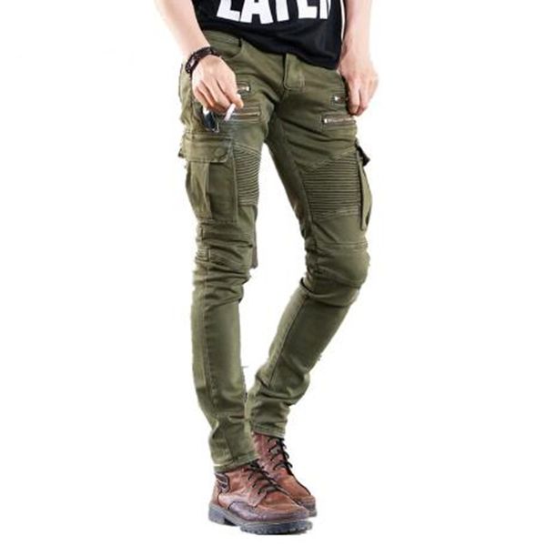 

men's jeans man denim biker men skinny trousers runway distressed slim elastic hip hop motorcycle pants army green black color, Blue