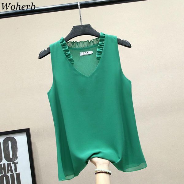 

women's blouses & shirts woherb summer ruffle v-neck chiffon blouse women 2021 casual solid sleeveless shirt lady plus size blusas modi, White