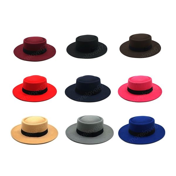 

winter simple fashion wide brim vintage wide fedoras hats for women solid color flat black ribbon casual panama jazz cap, Blue;gray