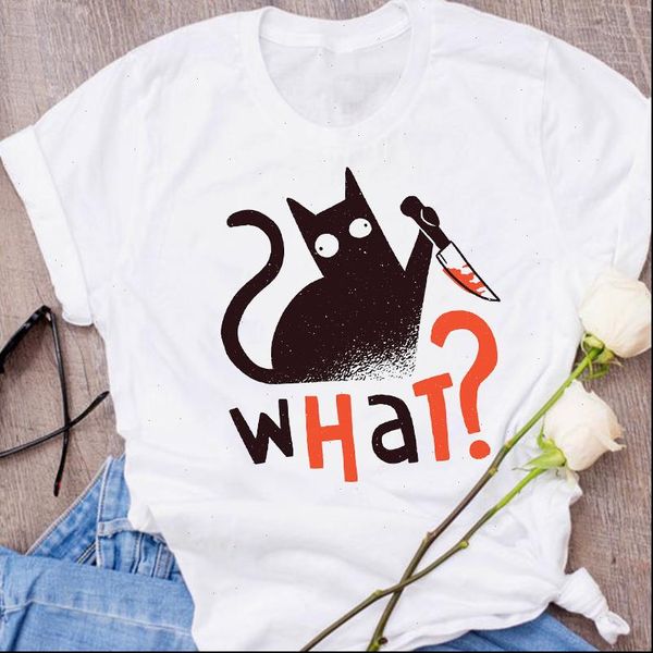 

women graphic cat cartoon cute camisas mujer 90s autumn fall halloween clothes lady tees female t shirt womens, White