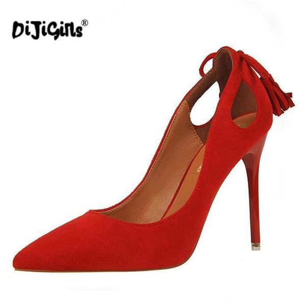 

dress shoes dijigirls autumn spring women thin high heels suede flock pointed bow tassel single high-heeled shoe, Black