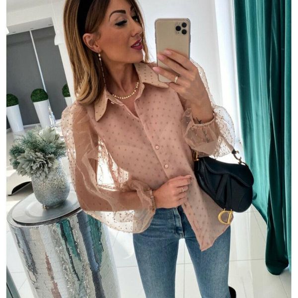 

brand new women see through sleeve sheer mesh polka dot blouse puff long sleeve shirt v-neck button shirts blouses, White
