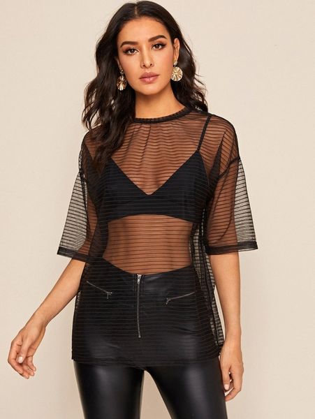 

drop shoulder striped mesh sheer without bra 50hg#, White
