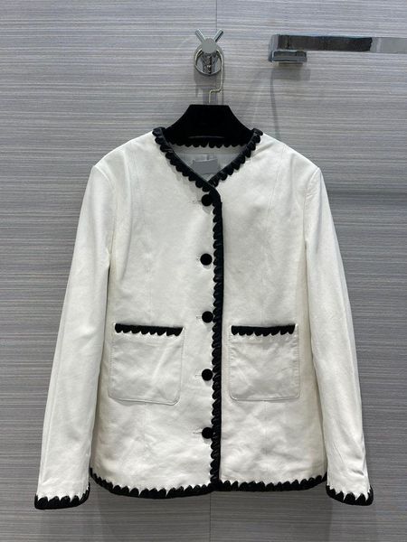 

women's jackets high street 100% sheepskin white women contrast edge v-neck long sleeve coats 3d cut slim autumn 2021, Black;brown