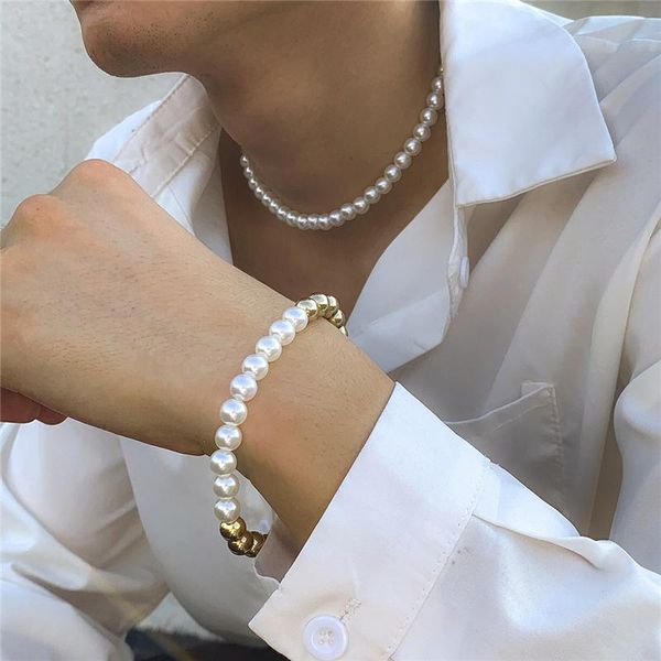

earrings & necklace imitation pearl chain necklaces bracelets set punk big clasps beaded choker charm friendship men jewelry, Silver