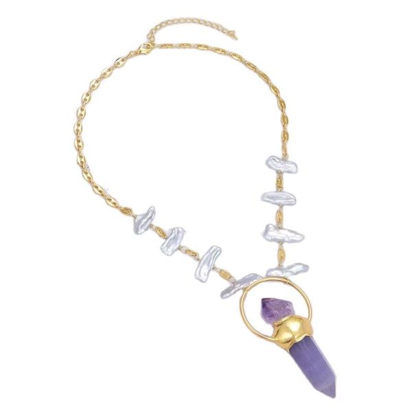 

chains jk natural freshwater grey biwa pearl chain necklace amethysts point raw pendant for women, Silver