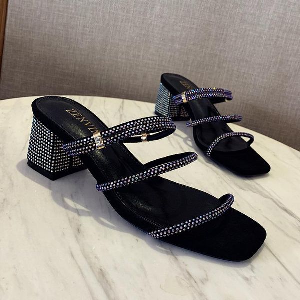 

2021 spring and summer new fashion rhinestones square head thick heel sandals women high heel women shoes, Black