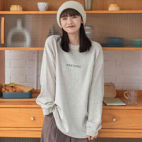 

college cartoon print off shoulder sleeve round neck cotton sweater women's 2021 early autumn new loose pullover top, Black