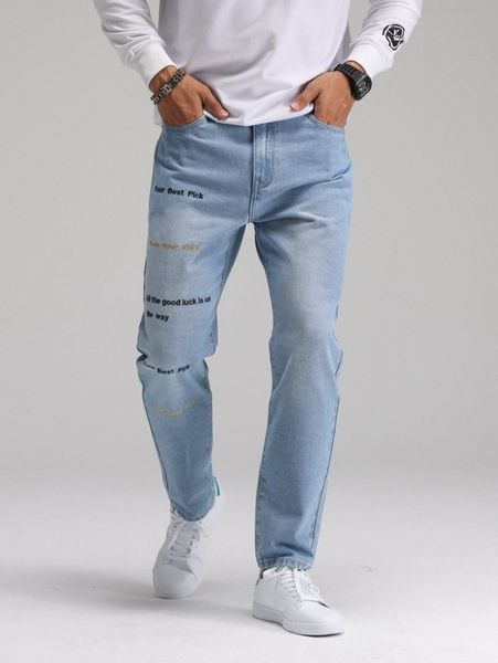 

men slogan graphic straight leg jeans i1do#, Blue