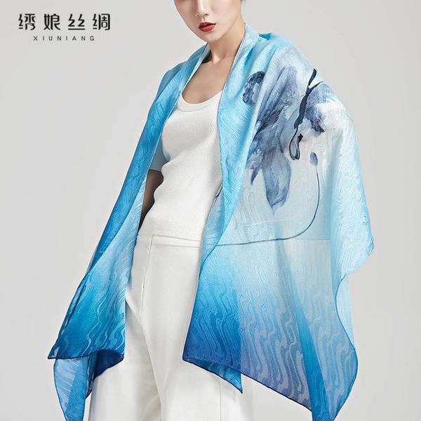 

scarves 100% mulberry silk embroidered niang long increasing travel scarves, shawls supernatural shadow towel, Blue;gray