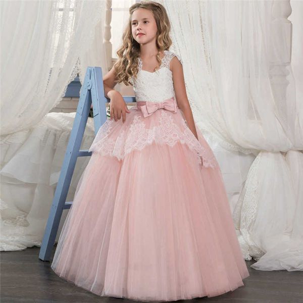 

5-14y kids girls long white lace flower party ball gown prom dresses kid girl princess wedding children first communion dress q0716, Red;yellow
