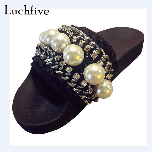 

slippers pearls rhinestone flat women genuine leather chains open toe black beige shoes shallow slip on slides