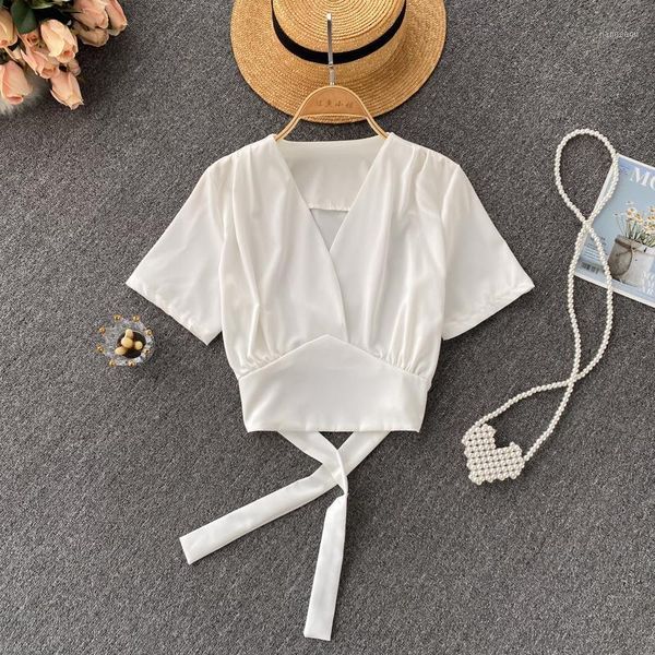

women's blouses & shirts women solid color womens short sleeve woman v-neck 2021 summer omighty slim fit ins, White