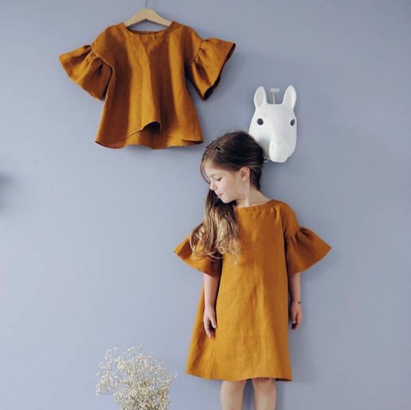 

1pcs/dropship 2-6y girls flouncy flare short sleeve dress baby cotton linen summer dresses solid pleated skirt solid princess dress hh24sc4f, Red;yellow