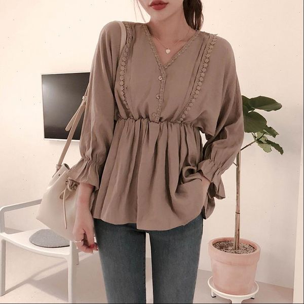 

shintimes lace button v neck women blouse oversize blouses woman 2021 autumn casual long sleeve ladies femme blusas mujer, White
