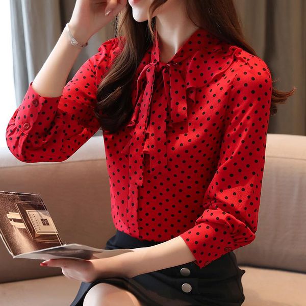 

blusas femininas shirts 2021 ladies long sleeve button bow white clothing polka dot v-neck blouse for women 0226