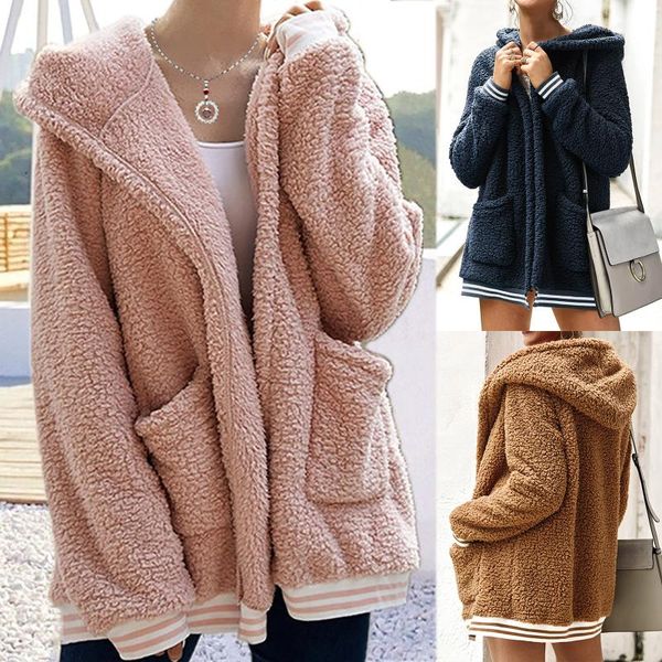 

women's jackets 2021 faux fur coat women autumn winter plush overcoat pocket buttonless cardigan hood outwear thicken warm soft long ja, Black;brown