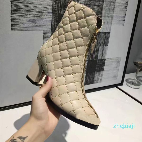 

designer boots fashion rivet short beige female leather shoelace zipper female thick heel small pointed toe 1199, Black