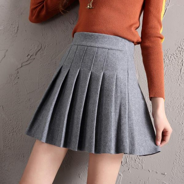 

skirts 2021 autumn high waist pleated a-line girls harajuku woolen solid sailor mini skirt japanese school uniform, Black