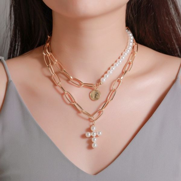 

fashion irregular pearl geometric pendant retro baroque portrait cross necklace jewelry gift for women, Silver