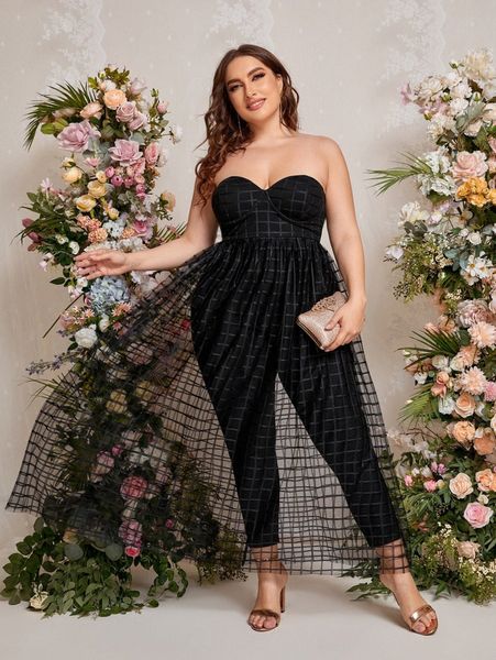 

plus tube jumpsuit with mesh skirt 36jq#, Black