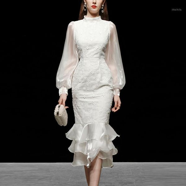 

fashion runway designers spring lantern sleeve organza patchwork embroidery trumpet dress white celebrity party vestidos casual dresses, Black;gray