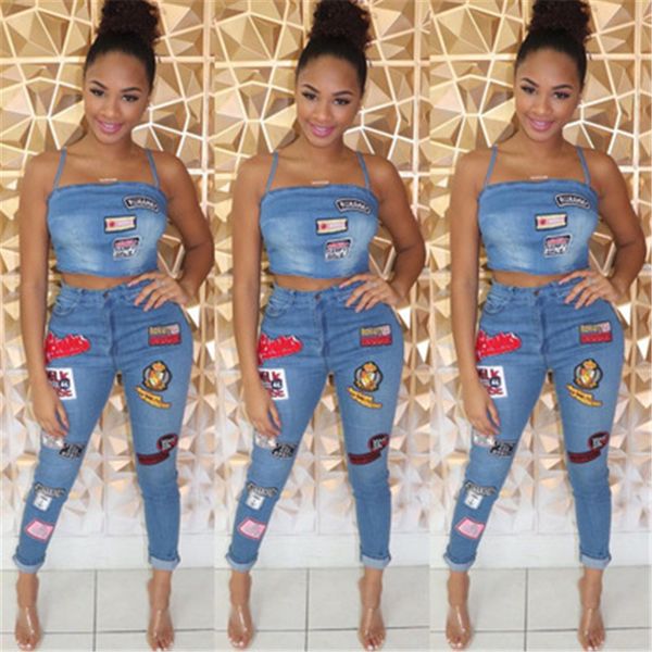 

womens cartoon patchwork denim 2pcs sets fashion trend sling vest skinny jeans women suits designer summer female two piece pants, White