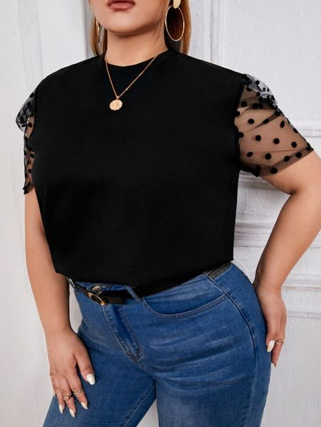 

plus dobby mesh sleeve mock neck s51n#, Black