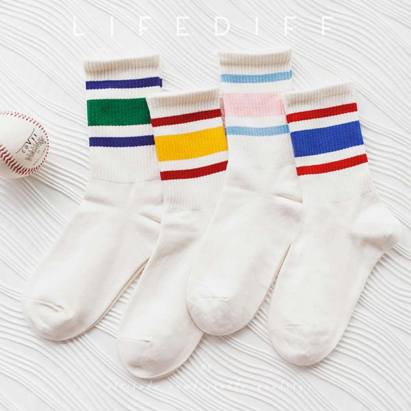 

autumn stripe sports cotton socks middle tube women's bar college, Black;white