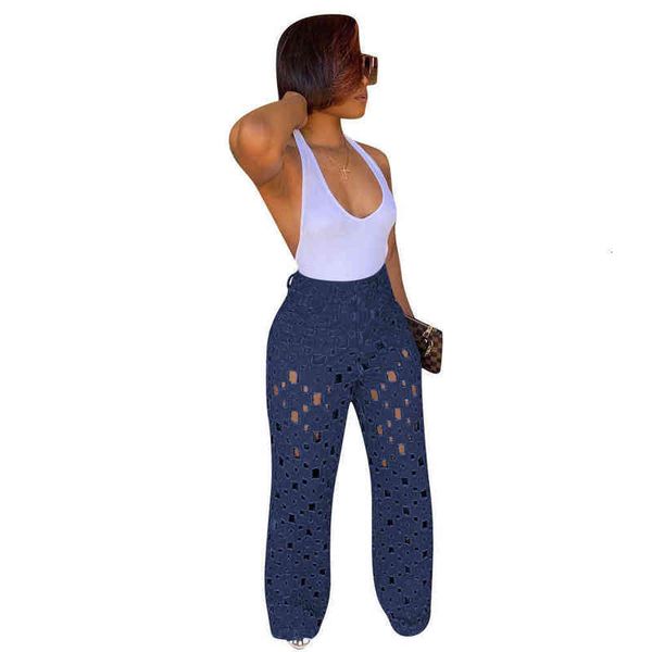 

women's wear b742 four seasons high waist pierced jeans popular hollow wide leg pants, Blue