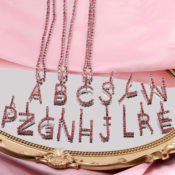 

pendant necklaces flatfoosie trendy initial letter crystal necklace for women a-z alphabet name pink rhinestone chain jewelry, Silver