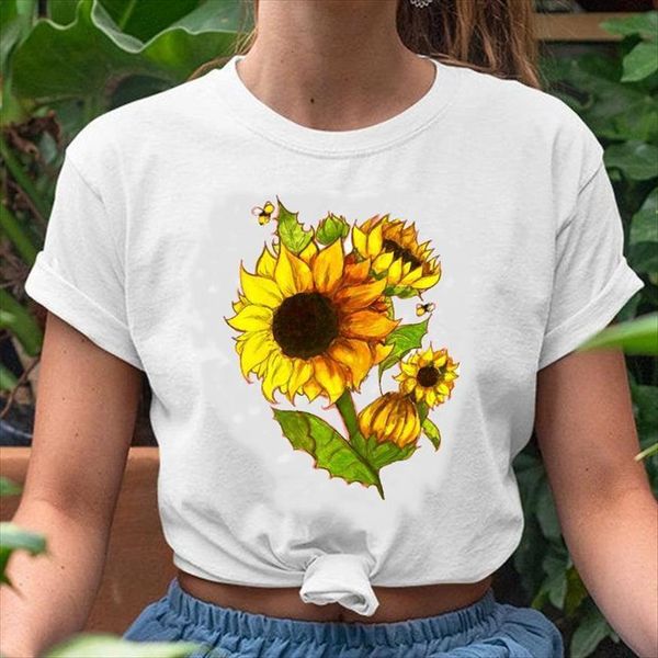 

graphic sunflower watercolor fashion womens t shirt printing 90s short sleeve clothes tees print female, White